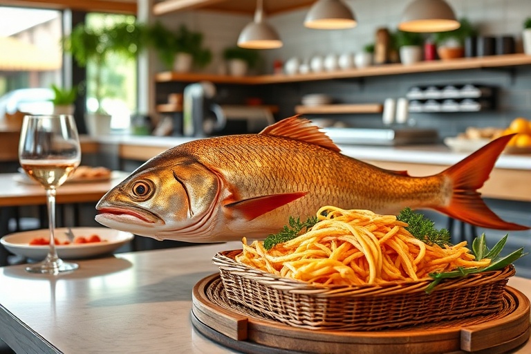 Assiette de poisson frais joliment décorée, représentant la qualité et la fraîcheur chez Santorini Fish, un excellent restaurant poisson Tanger.