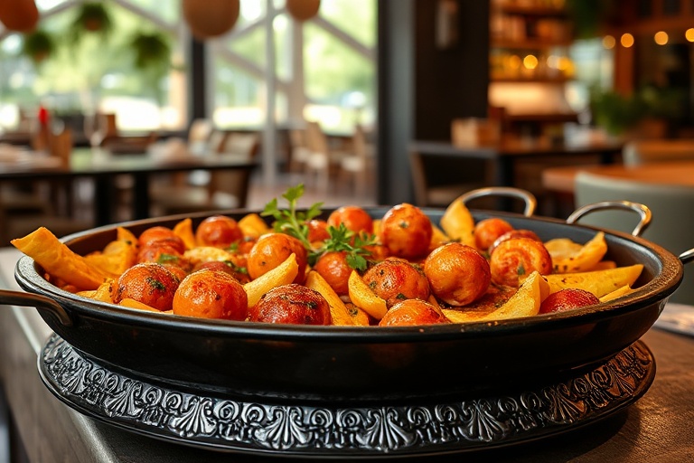 Paella généreuse aux fruits de mer colorés, un délice de notre restaurant à Tanger.