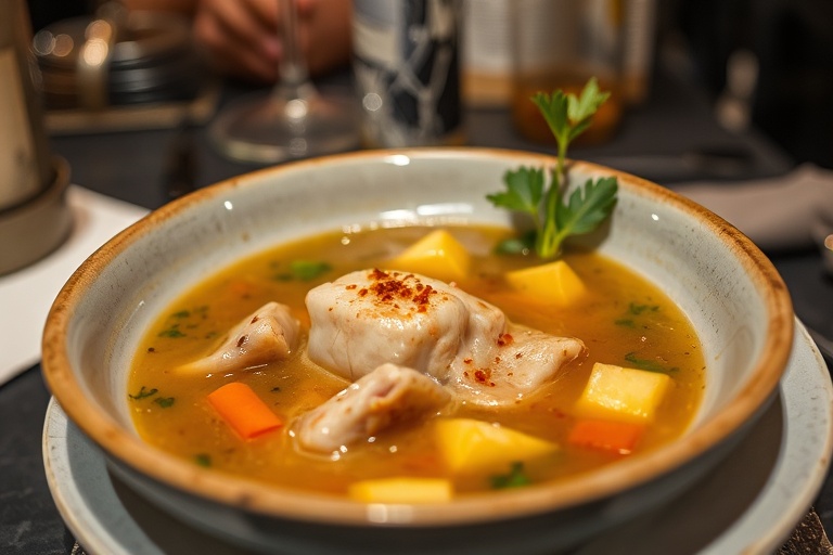 Soupe de poisson réconfortante et riche en saveurs, un incontournable de Santorini Fish.