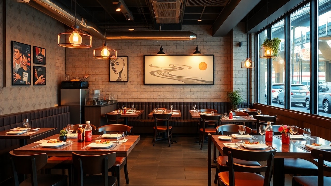 Vue intérieure chaleureuse du restaurant Santorini Fish à Tanger, avec des tables dressées et une ambiance conviviale, spécialisé en restaurant poisson Tanger.